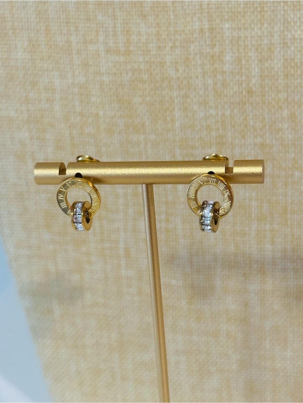 Fashion Jewelry Gold Roman Numeral Stud Hoop Earrings with Clear Crystals